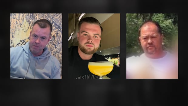 Photos from the social media accounts of the three men accused in the Aug 2023 killing of Owen Sound restaurant owner Sharif Rahman. Robert Evans Junior (centre) is charged with manslaughter. His father, Robert Evans Senior (left) and uncle, Barry Evans (right) are charged with being accessories after the fact. Individual photos of three people are shown surrounded by a black background.