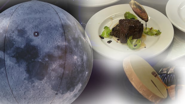 Blue moon, a white plate of food, and a man with a drum
