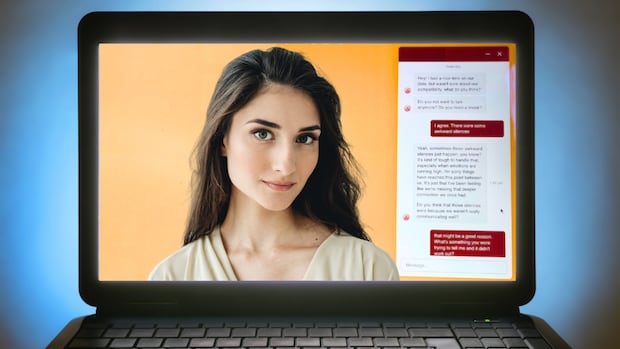 Image of a laptop connected a array showing a chatbot conversation.
