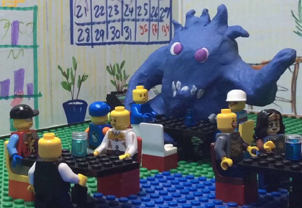 A screen capture shows a scene from The Puddle Monster. The short film, created by Brendan Callas, Joanna Grant and Callas' Grade 1 and Grade 2 class will be shown as part of the Yellowknife International Film Festival on Nov. 9. A close up of a clay monster known as The Puddle Monster and lego figures around it