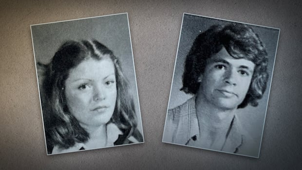 Two black and white photos from a yearbook of a teenaged girl and boy.