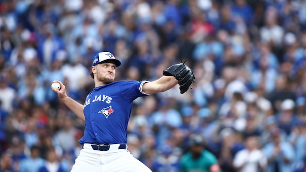 Trey Yesavage pitches against the Seattle Mariners during the second inning in game two of the American League Championship Series at Rogers Centre on October 13, 2025 in Toronto, Ontario. Trey Yesavage pitches against the Seattle Mariners during the second inning in game two of the American League Championship Series at Rogers Centre on October 13, 2025 in Toronto, Ontario.