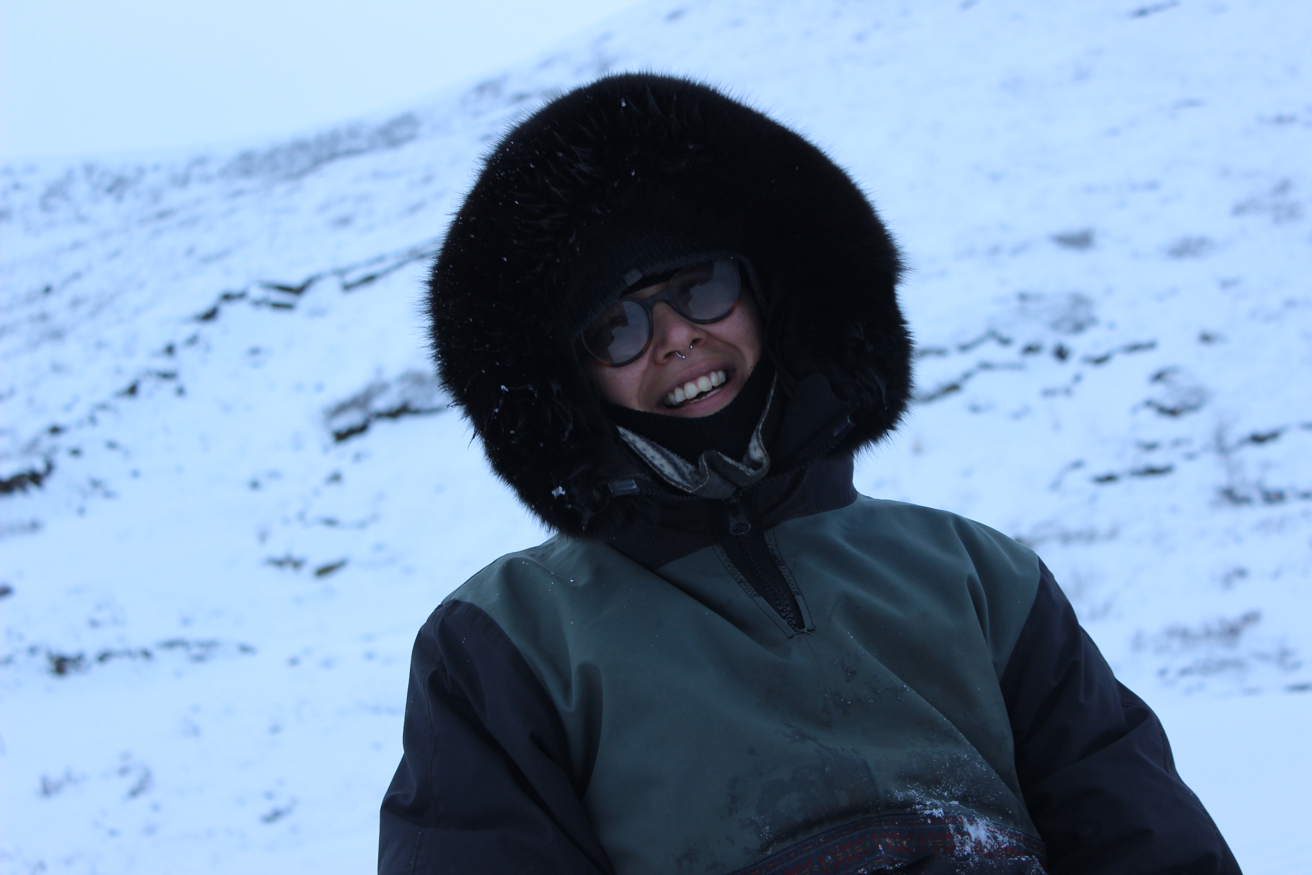 Kourtney Wolkie during a fishing trip with family on the Hornaday River east of Paulatuk, N.W.T., on Oct. 29. A women in a parka.