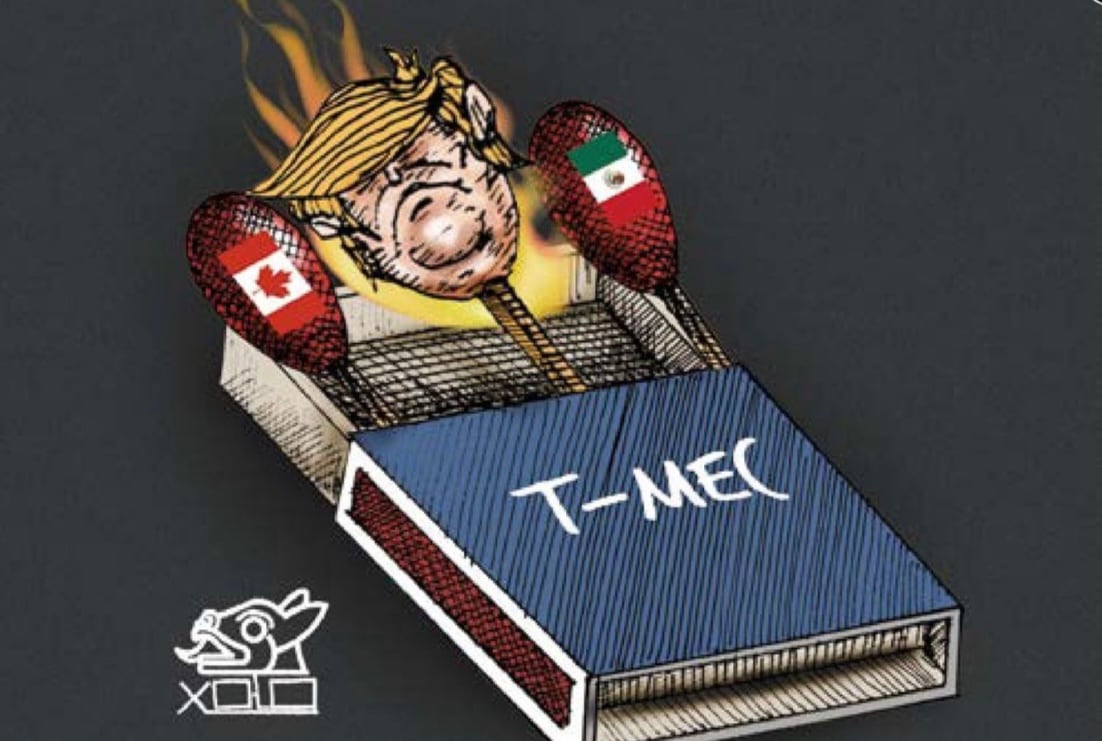 Picture of a matchbox with three matchsticks. The matchstick in the middle holds Donald Trump's hair, and the matchsticks to his right and left are the flags of Mexico and Canada.