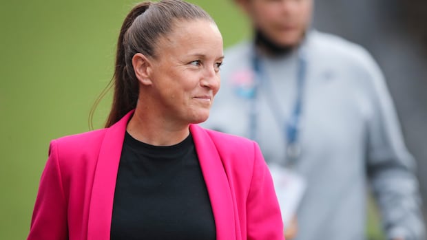 Casey Stoney, seen in this file photo while coaching San Diego Wave FC, is now the head coach of Canadian women's soccer team.